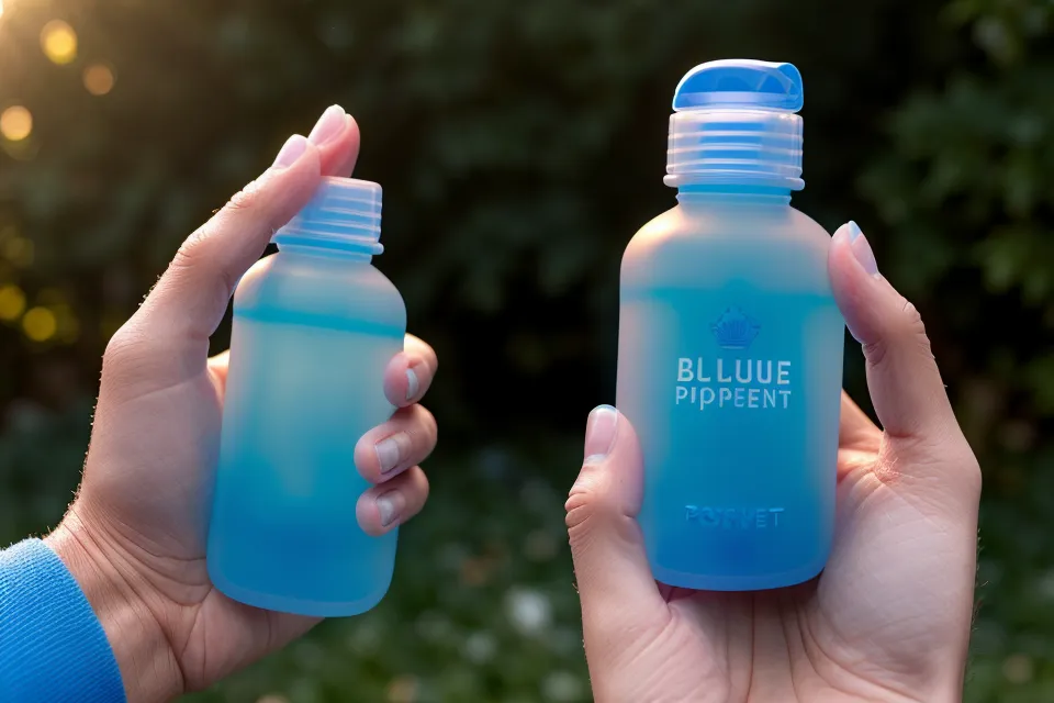 A man's hand holding a blue supplement bottle in a garden.