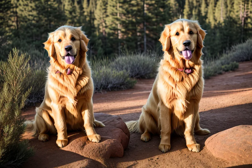 A golden retriever sitting on a hiking trail in Denver.