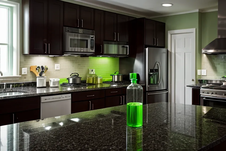 A supplement bottle on a kitchen counter at night near a glowing clock.