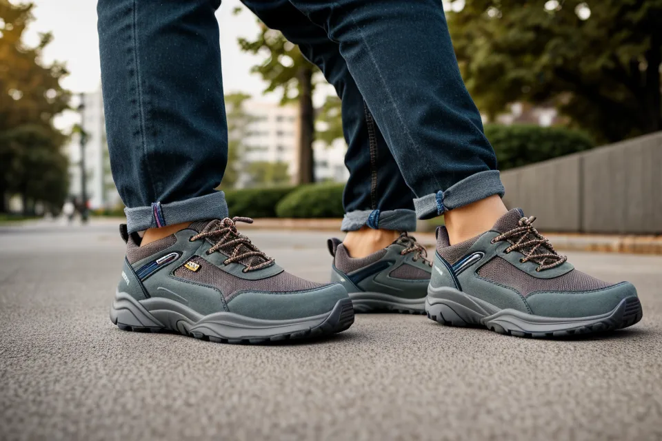 Close-up of a supportive walking shoe with a wide stability sole for men with bad knees, dog leash draped over the toe box