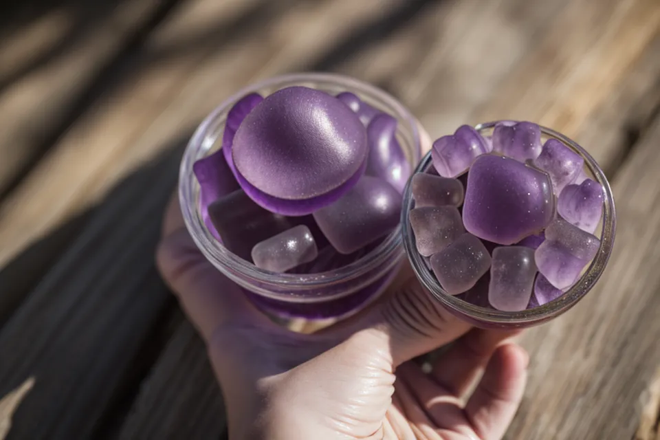 Close up of a single FlowForce Max gummy in a man's hand.