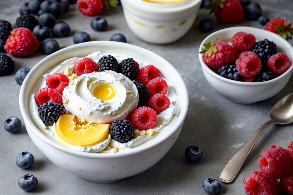 A high-protein breakfast of Greek yogurt and eggs on a kitchen counter