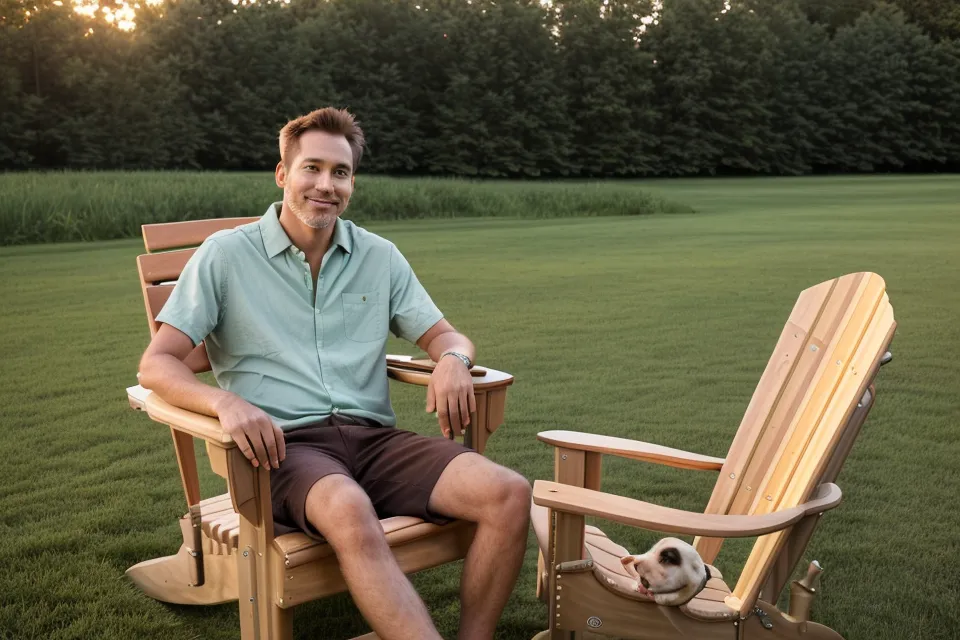 A man resting on a patio with his golden retriever dog
