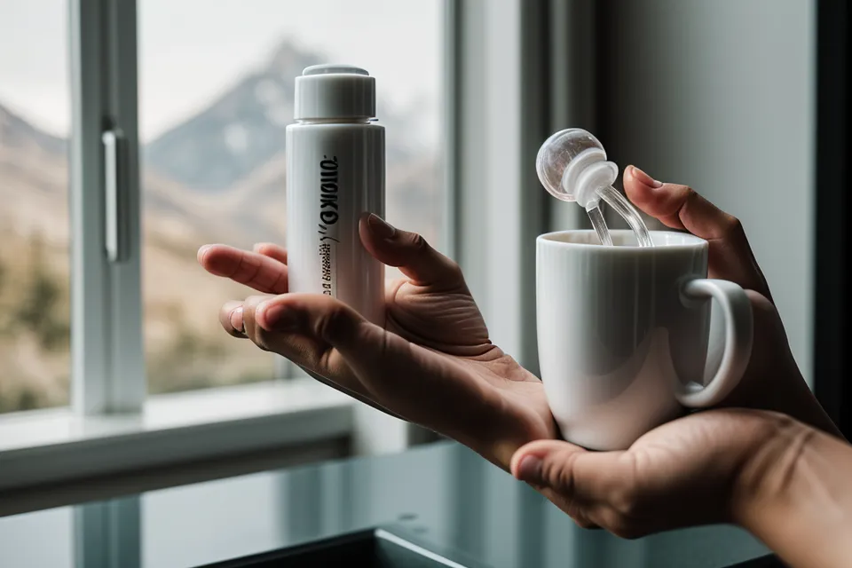 A close-up of a liquid supplement dropper being used in a home kitchen