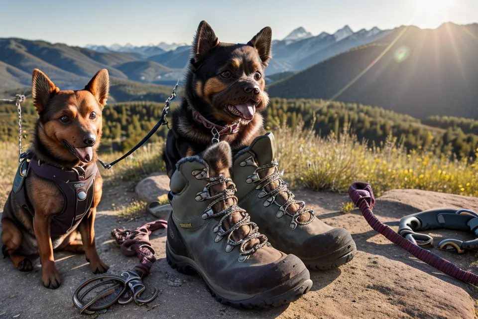 Hiking boots and a dog leash on a bench with Colorado mountains in the background