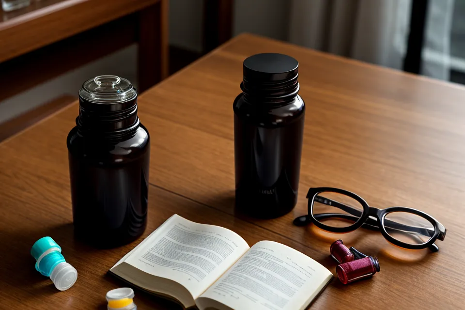 A supplement bottle and a glass of water on a nightstand in soft light.