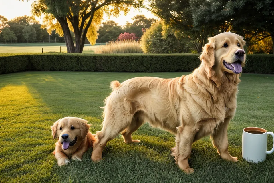 A golden retriever sitting on a green lawn in the morning sunlight.